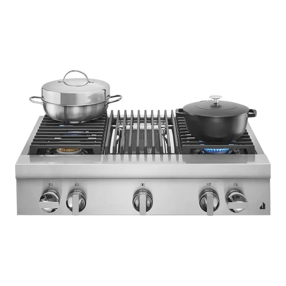 JennAir NOIR 36 inch Gas Rangetop with 4 Sealed Burners, Dishwasher safe Cast Iron Grates, Electronic Ignition Flame-Sensing Reignition, Grill, in Stainless Steel, JGCP636HM