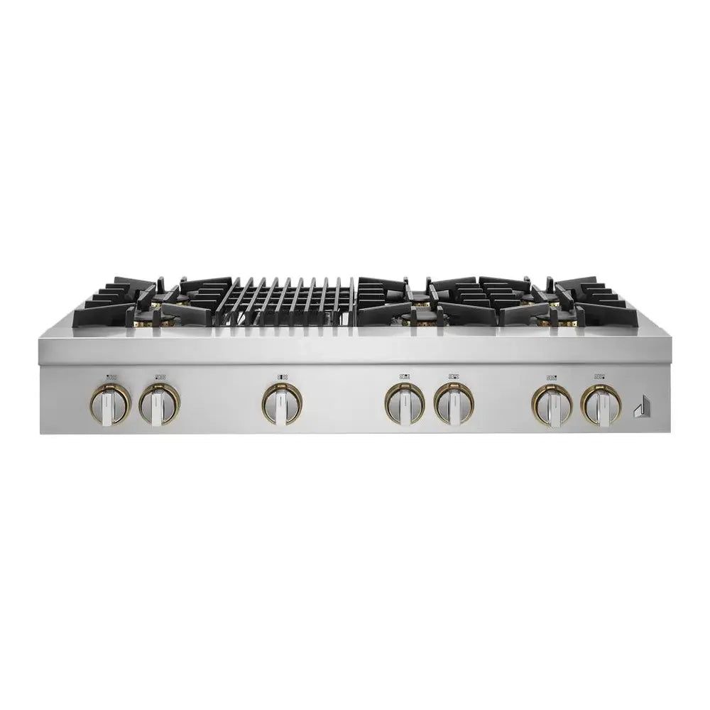 JennAir RISE 48 inch Gas Rangetop with 6 Sealed Burners, Grill, Dishwasher Safe Cast Iron Grates, Electronic Ignition Flame-Sensing Reignition in Stainless Steel, JGCP648HL