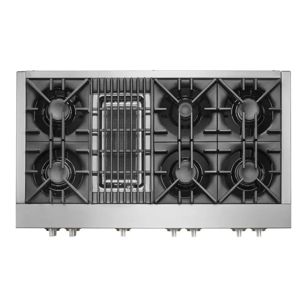 JennAir RISE 48 inch Gas Rangetop with 6 Sealed Burners, Grill, Dishwasher Safe Cast Iron Grates, Electronic Ignition Flame-Sensing Reignition in Stainless Steel, JGCP648HL