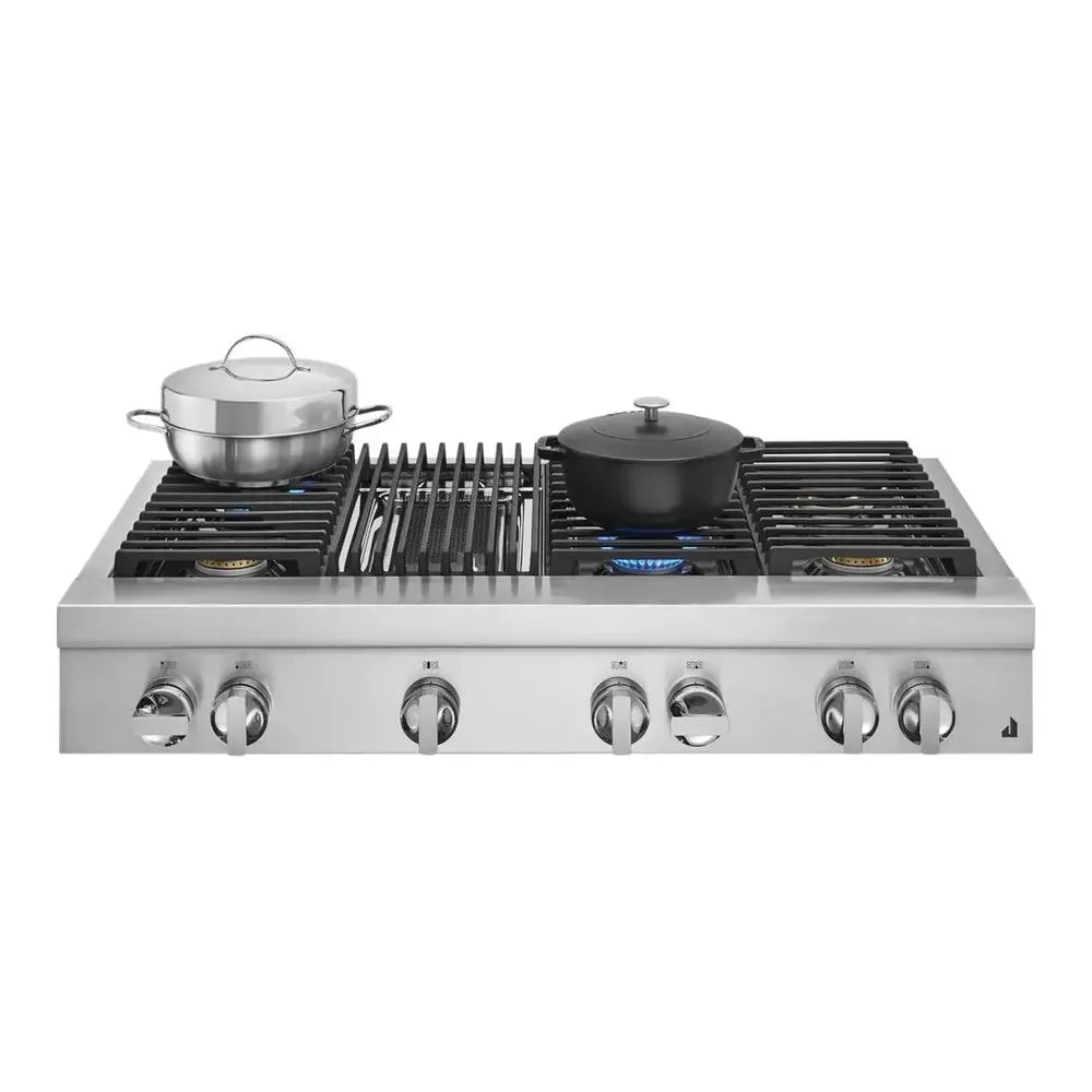 JennAir NOIR 48 inch Gas Rangetop with 6 Sealed Burners, Grill, Dishwasher Safe Cast Iron Grates, Electronic Ignition Flame-Sensing Reignition in Stainless Steel, JGCP648HM
