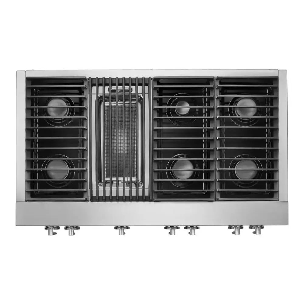 JennAir NOIR 48 inch Gas Rangetop with 6 Sealed Burners, Grill, Dishwasher Safe Cast Iron Grates, Electronic Ignition Flame-Sensing Reignition in Stainless Steel, JGCP648HM