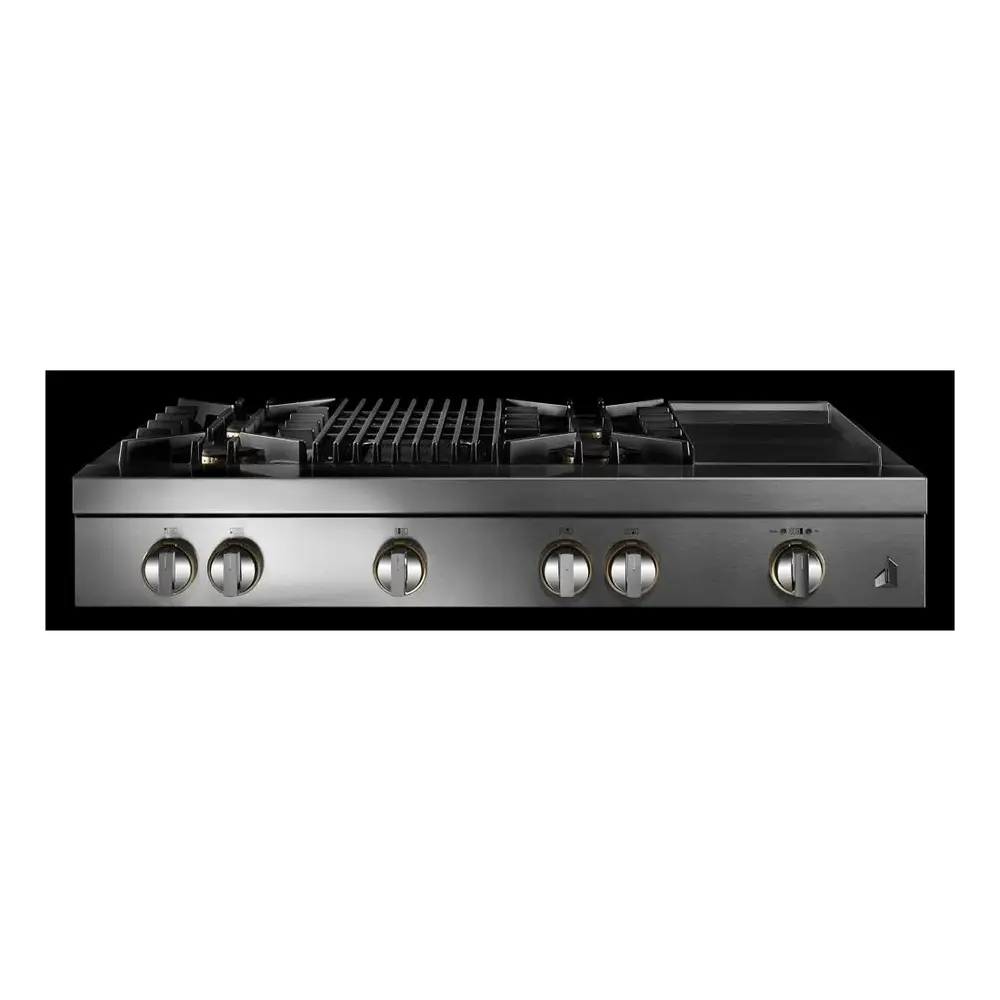 JennAir RISE 48 inch Gas Rangetop with 4 Sealed Brass Burners, Grill, Chrome-Infused Griddle, Dishwasher Safe Grates and Electronic Ignition with Flame-Sensing Reignition in Stainless Steel, JGCP748HL