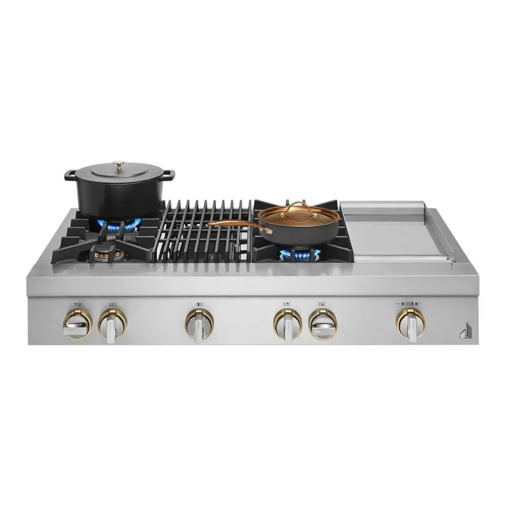 JennAir RISE 48 inch Gas Rangetop with 4 Sealed Brass Burners, Grill, Chrome-Infused Griddle, Dishwasher Safe Grates and Electronic Ignition with Flame-Sensing Reignition in Stainless Steel, JGCP748HL