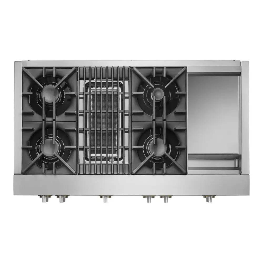 JennAir RISE 48 inch Gas Rangetop with 4 Sealed Brass Burners, Grill, Chrome-Infused Griddle, Dishwasher Safe Grates and Electronic Ignition with Flame-Sensing Reignition in Stainless Steel, JGCP748HL