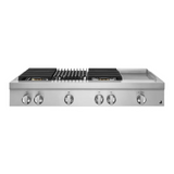 JennAir NOIR 48 inch Gas Rangetop with 4 Sealed Brass Burners, Grill, Chrome-Infused Griddle, Dishwasher Safe Grates and Electronic Ignition with Flame-Sensing Reignition in Stainless Steel, JGCP748HM