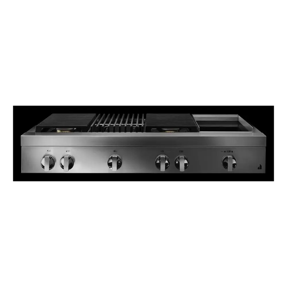 JennAir NOIR 48 inch Gas Rangetop with 4 Sealed Brass Burners, Grill, Chrome-Infused Griddle, Dishwasher Safe Grates and Electronic Ignition with Flame-Sensing Reignition in Stainless Steel, JGCP748HM