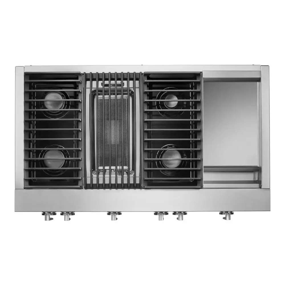 JennAir NOIR 48 inch Gas Rangetop with 4 Sealed Brass Burners, Grill, Chrome-Infused Griddle, Dishwasher Safe Grates and Electronic Ignition with Flame-Sensing Reignition in Stainless Steel, JGCP748HM