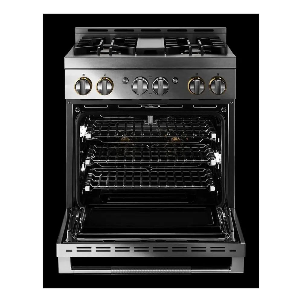 JennAir RISE 30 inch Gas Professional Range with 4 Sealed Burners, 4.1 cu. ft. Oven Capacity, Smart Integration, CustomClean with Automatic Lock, Sabbath Mode, in Stainless Steel, JGRP430HL