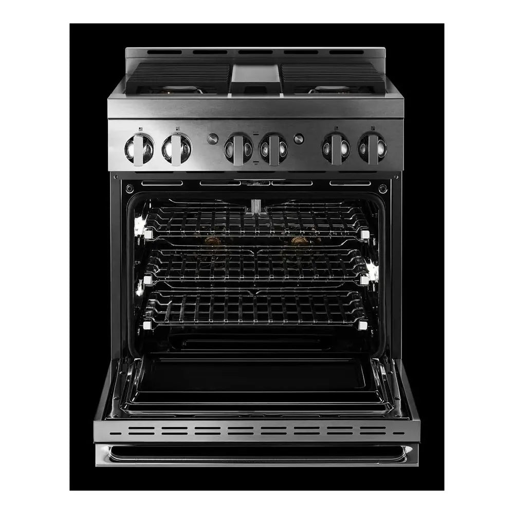 JennAir NOIR 30 inch Gas Professional Range with 4 Sealed Burners, 4.1 cu. ft. Oven Capacity, Smart Integration, CustomClean with Automatic Lock, Sabbath Mode, in Stainless Steel, JGRP430HM