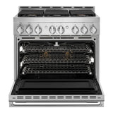 JennAir NOIR 36 inch Smart Gas Range with 6 Sealed Burners, 5.1 cu. ft. Oven Capacity, Cast Iron Grates, CustomClean with Automatic Lock, in Stainless Steel, JGRP436HM