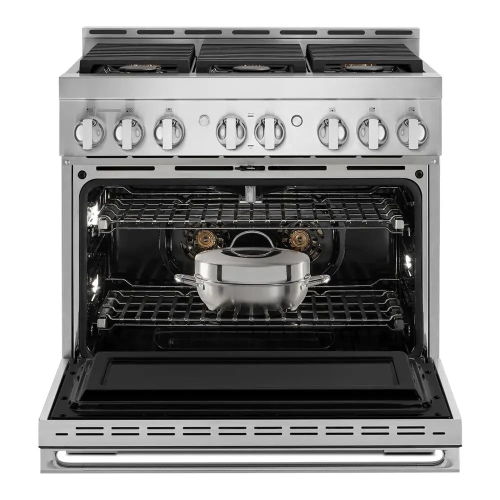 JennAir NOIR 36 inch Smart Gas Range with 6 Sealed Burners, 5.1 cu. ft. Oven Capacity, Cast Iron Grates, CustomClean with Automatic Lock, in Stainless Steel, JGRP436HM