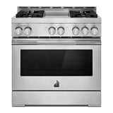JennAir RISE 36 inch Smart Gas Range with 4 Sealed Burners, 5.1 Cu. Ft. Oven Capacity, Remote Access, Halo-Effect Knobs, Chrome-Infused Griddle, in Stainless Steel, JGRP536HL