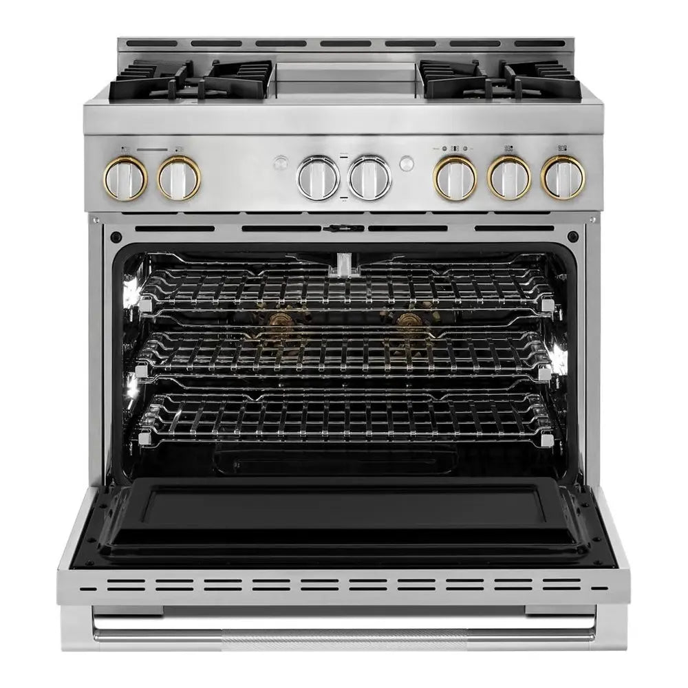 JennAir RISE 36 inch Smart Gas Range with 4 Sealed Burners, 5.1 Cu. Ft. Oven Capacity, Remote Access, Halo-Effect Knobs, Chrome-Infused Griddle, in Stainless Steel, JGRP536HL