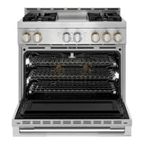 JennAir RISE 36 inch Smart Gas Range with 4 Sealed Burners, 5.1 Cu. Ft. Oven Capacity, Remote Access, Halo-Effect Knobs, Chrome-Infused Griddle, in Stainless Steel, JGRP536HL