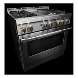JennAir RISE 36 inch Smart Gas Range with 4 Sealed Burners, 5.1 Cu. Ft. Oven Capacity, Remote Access, Halo-Effect Knobs, Chrome-Infused Griddle, in Stainless Steel, JGRP536HL