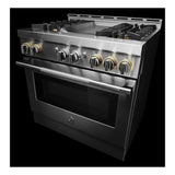 JennAir RISE 36 inch Smart Gas Range with 4 Sealed Burners, 5.1 Cu. Ft. Oven Capacity, Remote Access, Halo-Effect Knobs, Chrome-Infused Griddle, in Stainless Steel, JGRP536HL