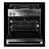 JennAir RISE 36 inch Smart Gas Range with 4 Sealed Burners, 5.1 Cu. Ft. Oven Capacity, Remote Access, Halo-Effect Knobs, Chrome-Infused Griddle, in Stainless Steel, JGRP536HL