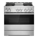 JennAir NOIR 36 inch Smart Gas Range with 4 Sealed Burners, 5.1 Cu. Ft. Oven Capacity, Remote Access, Halo-Effect Knobs, Chrome-Infused Griddle, in Stainless Steel, JGRP536HM