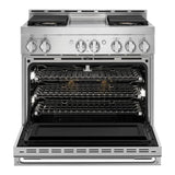 JennAir NOIR 36 inch Smart Gas Range with 4 Sealed Burners, 5.1 Cu. Ft. Oven Capacity, Remote Access, Halo-Effect Knobs, Chrome-Infused Griddle, in Stainless Steel, JGRP536HM