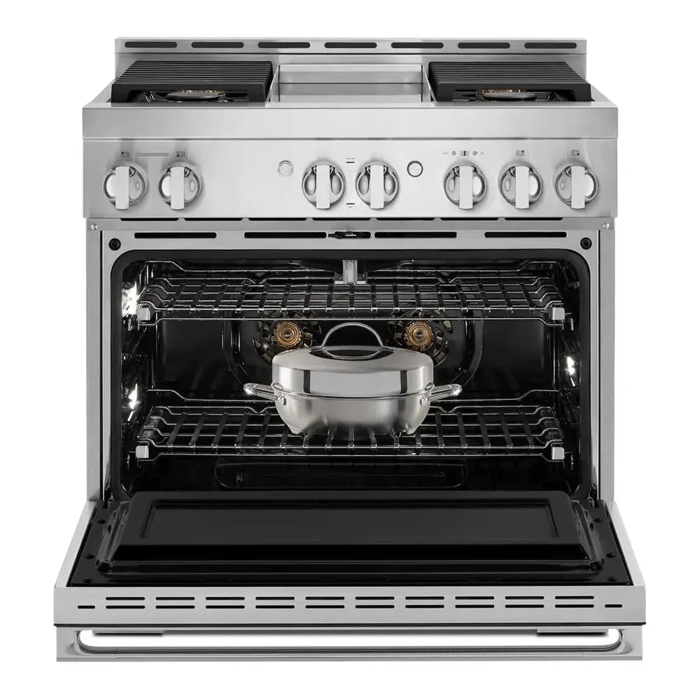 JennAir NOIR 36 inch Smart Gas Range with 4 Sealed Burners, 5.1 Cu. Ft. Oven Capacity, Remote Access, Halo-Effect Knobs, Chrome-Infused Griddle, in Stainless Steel, JGRP536HM