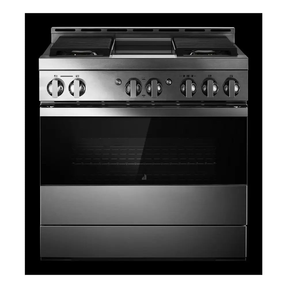 JennAir NOIR 36 inch Smart Gas Range with 4 Sealed Burners, 5.1 Cu. Ft. Oven Capacity, Remote Access, Halo-Effect Knobs, Chrome-Infused Griddle, in Stainless Steel, JGRP536HM