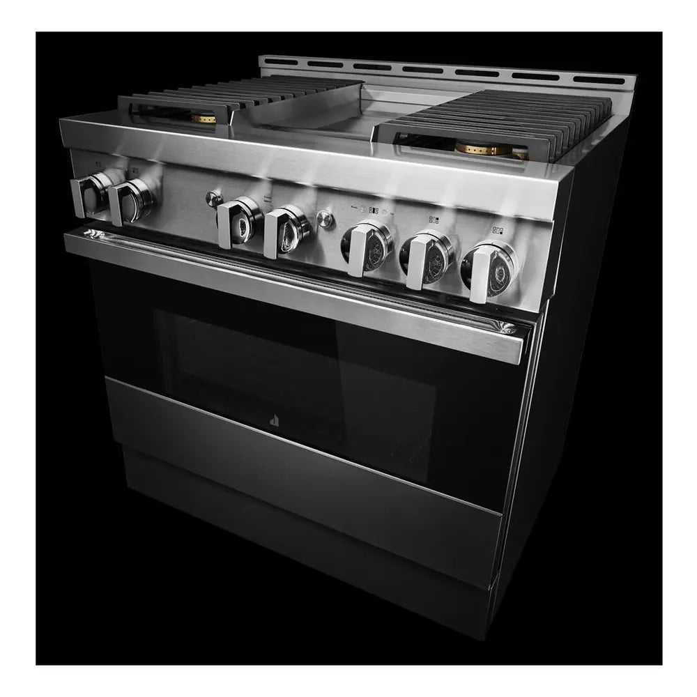 JennAir NOIR 36 inch Smart Gas Range with 4 Sealed Burners, 5.1 Cu. Ft. Oven Capacity, Remote Access, Halo-Effect Knobs, Chrome-Infused Griddle, in Stainless Steel, JGRP536HM