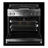 JennAir NOIR 36 inch Smart Gas Range with 4 Sealed Burners, 5.1 Cu. Ft. Oven Capacity, Remote Access, Halo-Effect Knobs, Chrome-Infused Griddle, in Stainless Steel, JGRP536HM