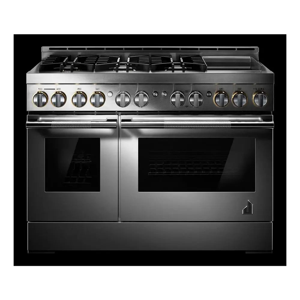 JennAir RISE 48 inch Professional Smart Gas Range with 6 Sealed Burners, Chrome-Infused Griddle, Dual Ovens, in Stainless Steel, JGRP548HL