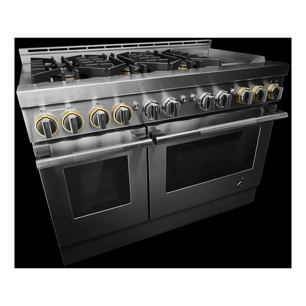 JennAir RISE 48 inch Professional Smart Gas Range with 6 Sealed Burners, Chrome-Infused Griddle, Dual Ovens, in Stainless Steel, JGRP548HL