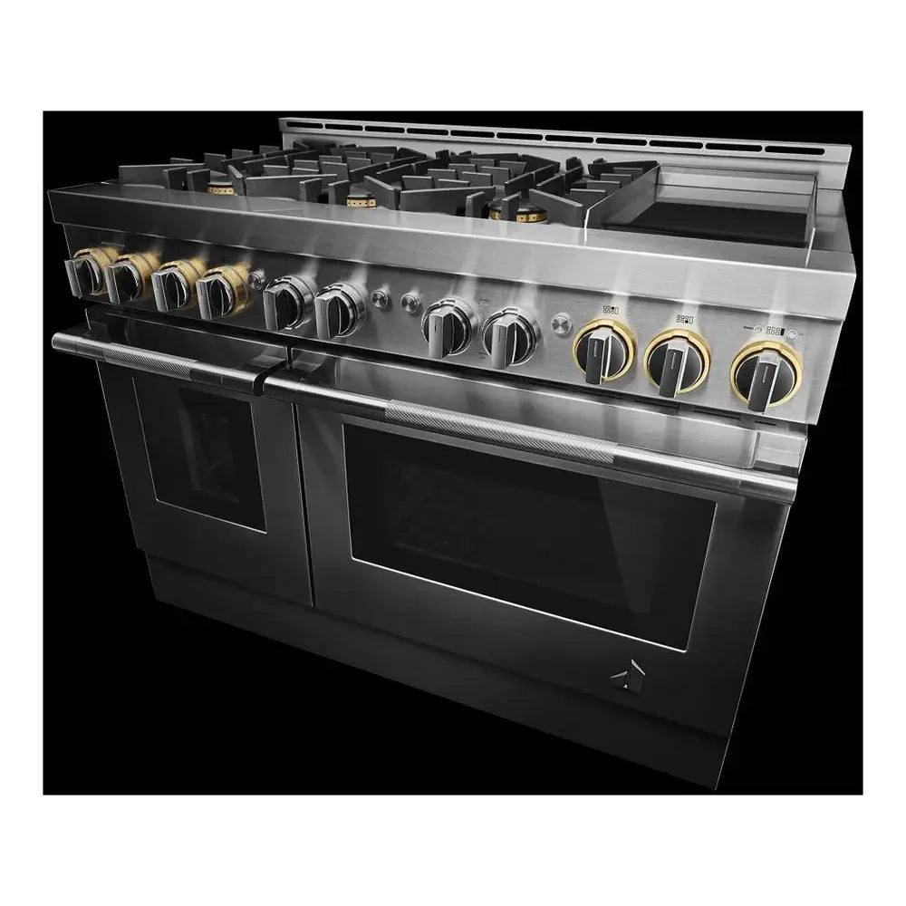 JennAir RISE 48 inch Professional Smart Gas Range with 6 Sealed Burners, Chrome-Infused Griddle, Dual Ovens, in Stainless Steel, JGRP548HL