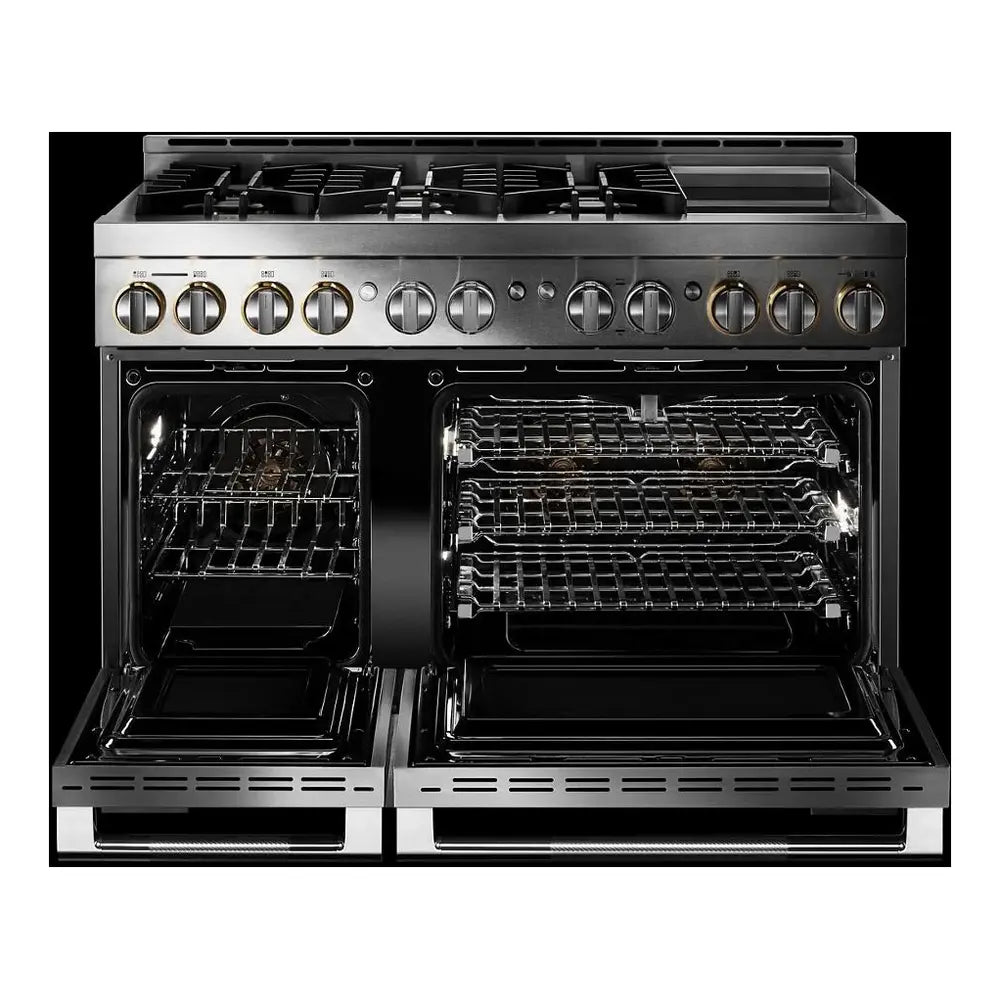 JennAir RISE 48 inch Professional Smart Gas Range with 6 Sealed Burners, Chrome-Infused Griddle, Dual Ovens, in Stainless Steel, JGRP548HL