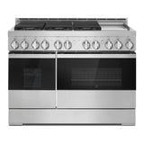 JennAir NOIR 48 inch Professional Smart Gas Range with 6 Sealed Burners, Chrome-Infused Griddle, Dual Ovens, in Stainless Steel, JGRP548HM