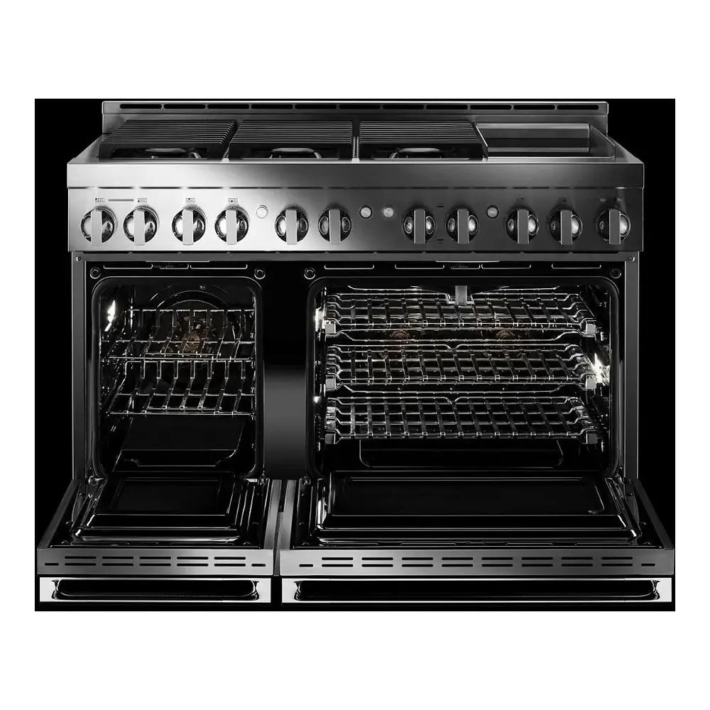 JennAir NOIR 48 inch Professional Smart Gas Range with 6 Sealed Burners, Chrome-Infused Griddle, Dual Ovens, in Stainless Steel, JGRP548HM
