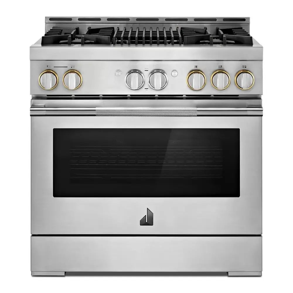 JennAir RISE 36 inch Smart Gas Range with 5.1 cu. ft Oven Capacity, 4 Sealed Burners, Infrared Grill, Remote Access, Cast Iron Grates, in Stainless Steel, JGRP636HL