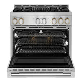JennAir RISE 36 inch Smart Gas Range with 5.1 cu. ft Oven Capacity, 4 Sealed Burners, Infrared Grill, Remote Access, Cast Iron Grates, in Stainless Steel, JGRP636HL