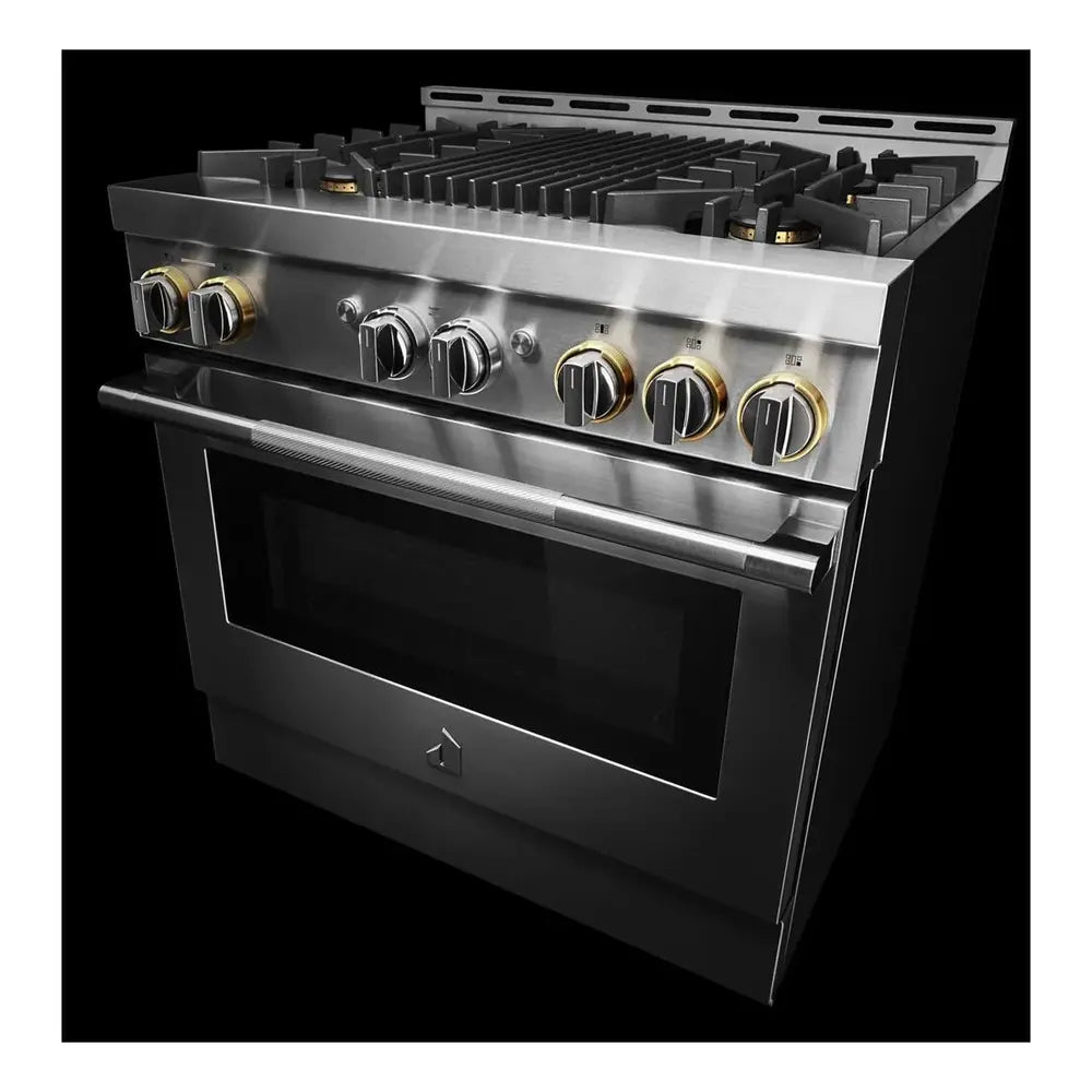 JennAir RISE 36 inch Smart Gas Range with 5.1 cu. ft Oven Capacity, 4 Sealed Burners, Infrared Grill, Remote Access, Cast Iron Grates, in Stainless Steel, JGRP636HL