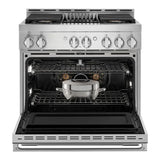 JennAir NOIR 36 inch Smart Gas Range with 5.1 cu. ft Oven Capacity, 4 Sealed Burners, Infrared Grill, Remote Access, Cast Iron Grates, in Stainless Steel, JGRP636HM