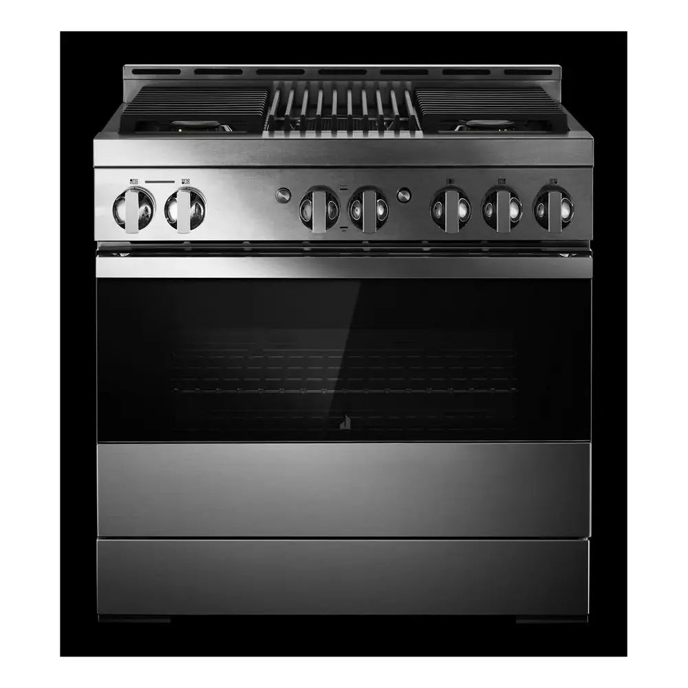 JennAir NOIR 36 inch Smart Gas Range with 5.1 cu. ft Oven Capacity, 4 Sealed Burners, Infrared Grill, Remote Access, Cast Iron Grates, in Stainless Steel, JGRP636HM