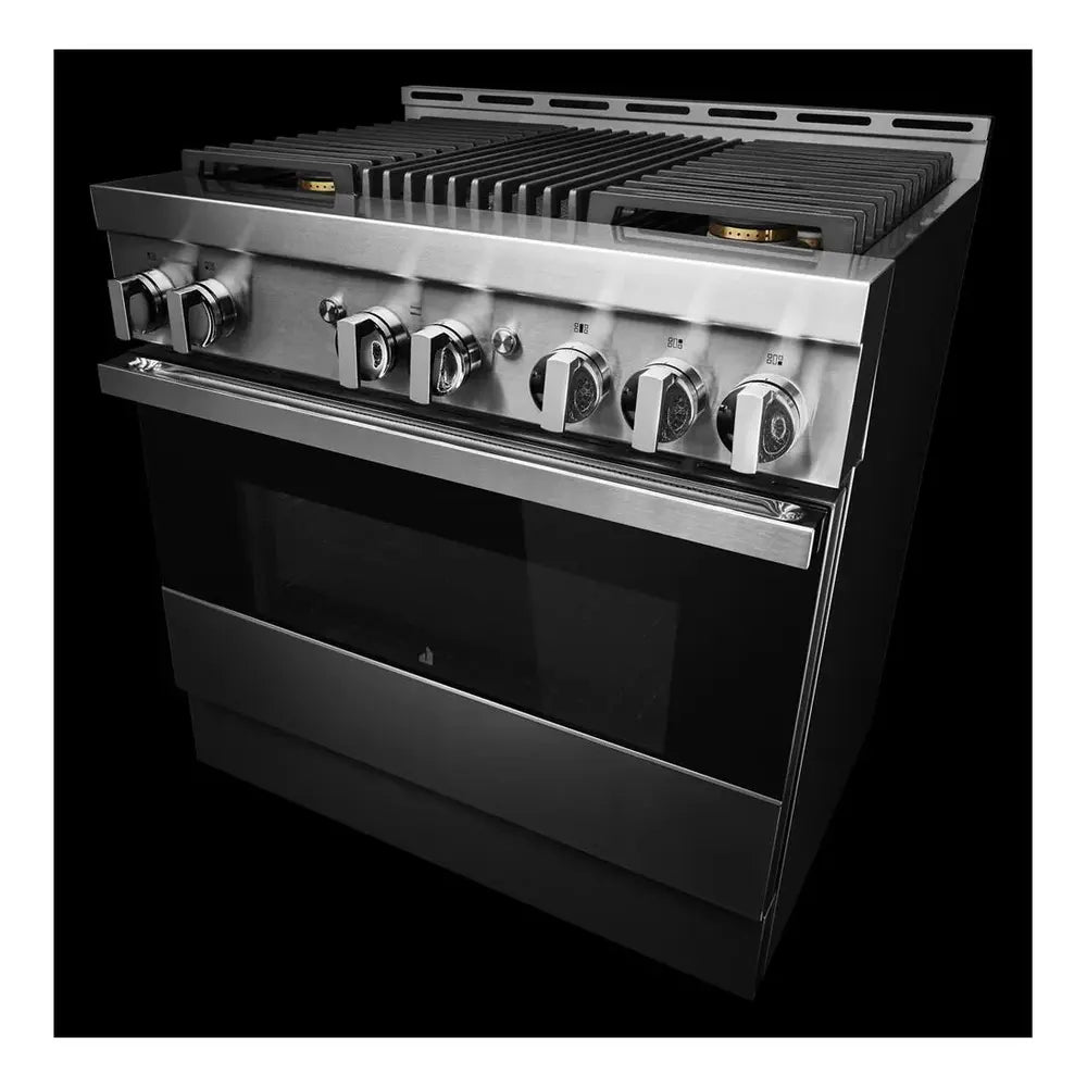 JennAir NOIR 36 inch Smart Gas Range with 5.1 cu. ft Oven Capacity, 4 Sealed Burners, Infrared Grill, Remote Access, Cast Iron Grates, in Stainless Steel, JGRP636HM
