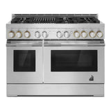 JennAir RISE 48 inch Smart Gas Range with 6 Sealed Burners, Grill, 6.3 cu. ft. Total Oven Capacity, Remote Access, Halo-Effect Knobs, Dual-Fan True Convection, in Stainless Steel, JGRP648HL