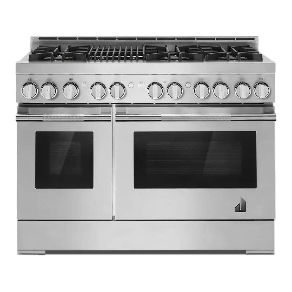 JennAir RISE 48 inch Smart Gas Range with 6 Sealed Burners, Grill, 6.3 cu. ft. Total Oven Capacity, Remote Access, Halo-Effect Knobs, Dual-Fan True Convection, in Stainless Steel, JGRP648HL