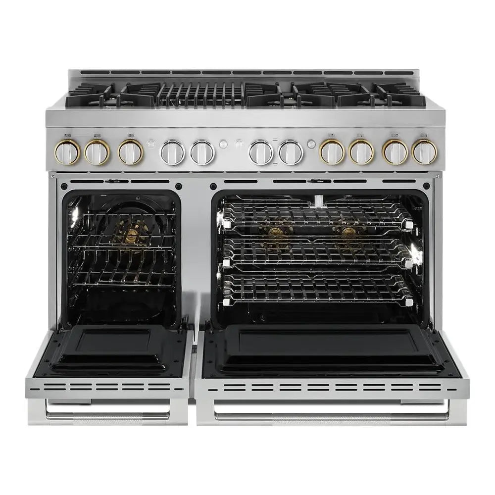 JennAir RISE 48 inch Smart Gas Range with 6 Sealed Burners, Grill, 6.3 cu. ft. Total Oven Capacity, Remote Access, Halo-Effect Knobs, Dual-Fan True Convection, in Stainless Steel, JGRP648HL
