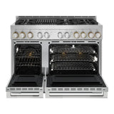 JennAir RISE 48 inch Smart Gas Range with 6 Sealed Burners, Grill, 6.3 cu. ft. Total Oven Capacity, Remote Access, Halo-Effect Knobs, Dual-Fan True Convection, in Stainless Steel, JGRP648HL