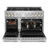 JennAir RISE 48 inch Smart Gas Range with 6 Sealed Burners, Grill, 6.3 cu. ft. Total Oven Capacity, Remote Access, Halo-Effect Knobs, Dual-Fan True Convection, in Stainless Steel, JGRP648HL