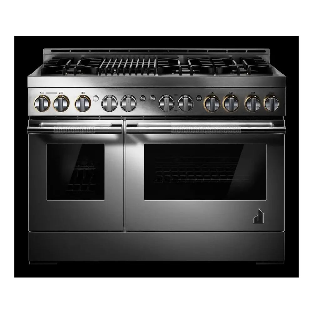 JennAir RISE 48 inch Smart Gas Range with 6 Sealed Burners, Grill, 6.3 cu. ft. Total Oven Capacity, Remote Access, Halo-Effect Knobs, Dual-Fan True Convection, in Stainless Steel, JGRP648HL