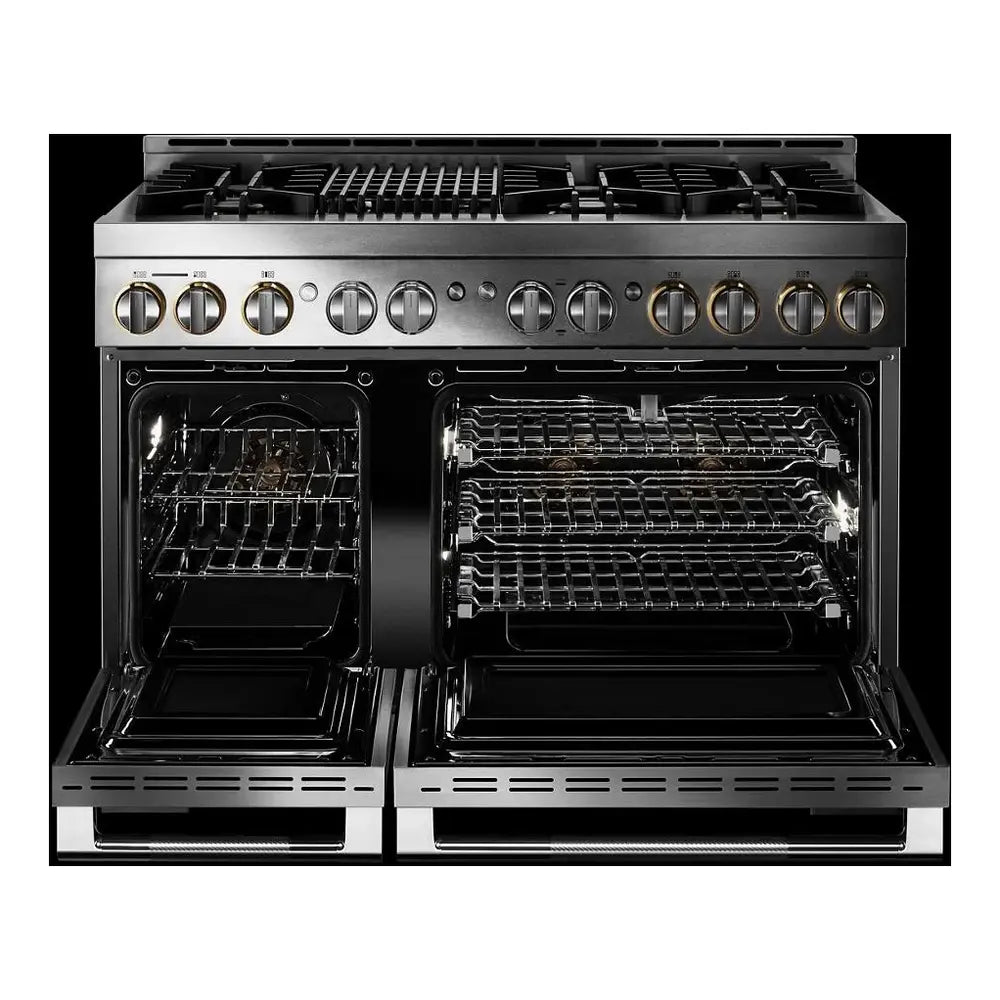 JennAir RISE 48 inch Smart Gas Range with 6 Sealed Burners, Grill, 6.3 cu. ft. Total Oven Capacity, Remote Access, Halo-Effect Knobs, Dual-Fan True Convection, in Stainless Steel, JGRP648HL