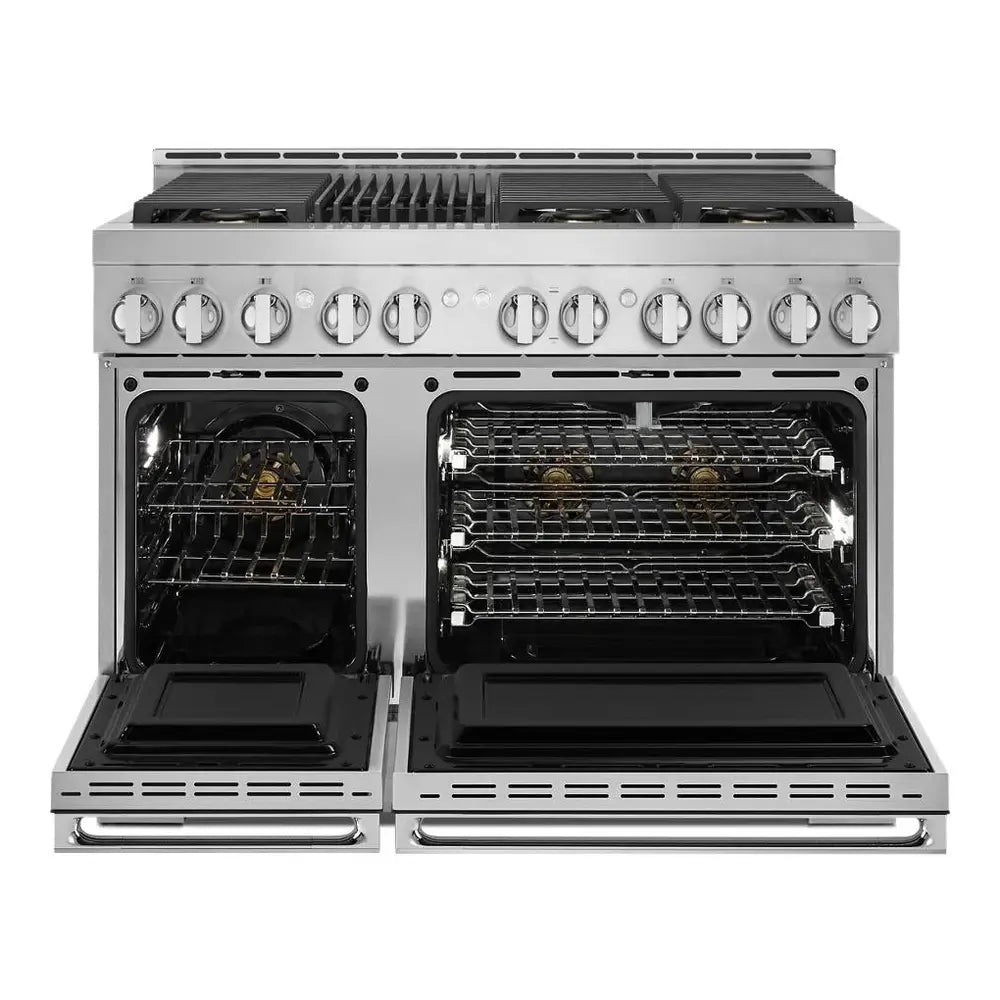 JennAir NOIR 48 inch Smart Gas Range with 6 Sealed Burners, Grill, 6.3 cu. ft. Total Oven Capacity, Remote Access, Halo-Effect Knobs, Dual-Fan True Convection, in Stainless Steel, JGRP648HM