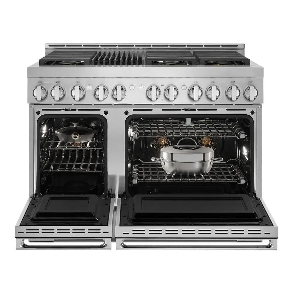 JennAir NOIR 48 inch Smart Gas Range with 6 Sealed Burners, Grill, 6.3 cu. ft. Total Oven Capacity, Remote Access, Halo-Effect Knobs, Dual-Fan True Convection, in Stainless Steel, JGRP648HM