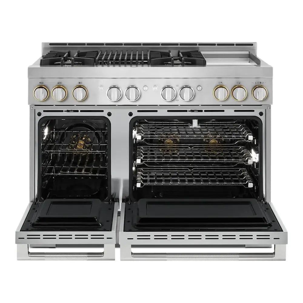 JennAir RISE 48 inch Professional Smart Gas Range with 4 Sealed Burners, Griddle, Grill, 6.3 cu. ft. Total Oven Capacity, Remote Access, Halo-Effect Knobs, in Stainless Steel, JGRP748HL