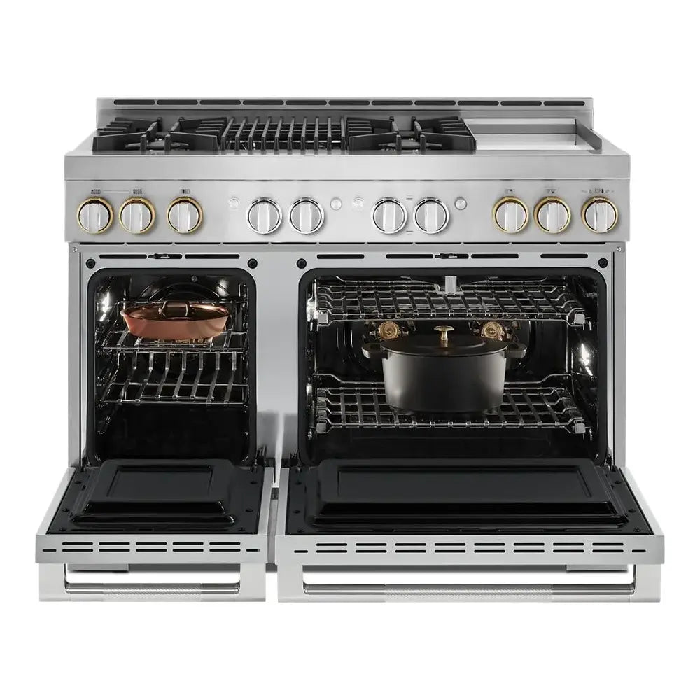 JennAir RISE 48 inch Professional Smart Gas Range with 4 Sealed Burners, Griddle, Grill, 6.3 cu. ft. Total Oven Capacity, Remote Access, Halo-Effect Knobs, in Stainless Steel, JGRP748HL